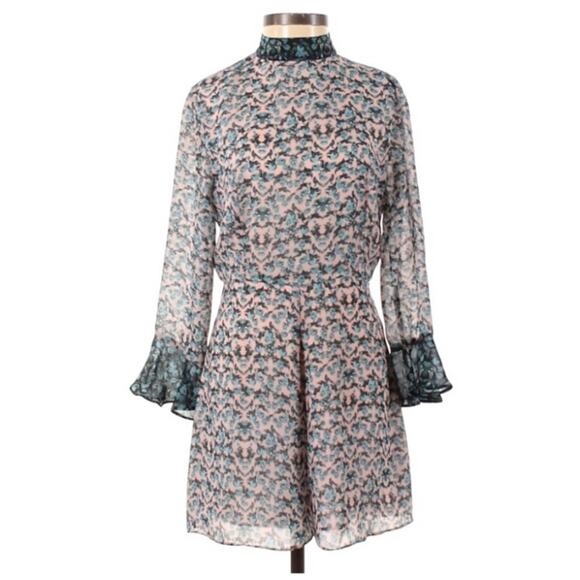 TopShop Floral Colorblock Bell Long Sleeve Mock Neck Romper Playsuit 2 - Picture 1 of 11